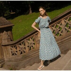 Guadalupe Momposina Dress One Size Floral Tully Blue Maxi Cotton